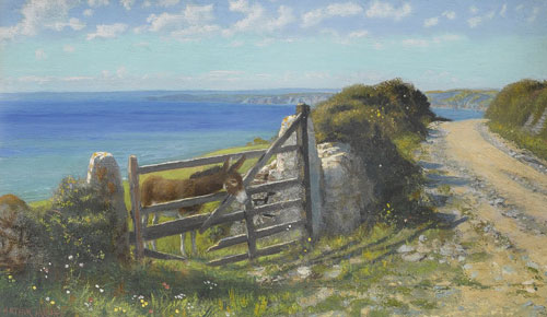 painting of country lane with sea to the left and donkey at gate