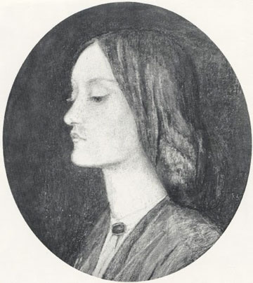 black and white drawing, head and shoulders, of young Victorian woman, eyes downcast