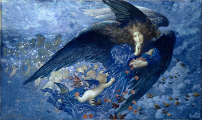 painting of angel in flight, stars and poppies, blue background