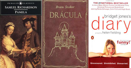 triple image of three book covers , genre epistolary novel - Pamela, Dracula and Bridget Jones's Diary
