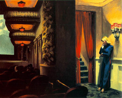 painting of cinema interior in 30s, ushurette in thought, few in audience