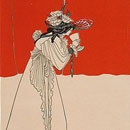 drawing of woman in long robes, fine line with red block colour at top