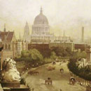 painting of Victorian embankment London, with St Pauls and river Thames
