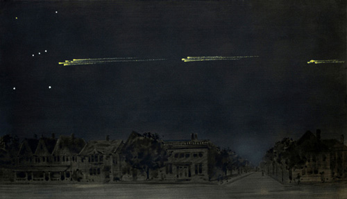 painting of night sky with bright meteors traversing from right to left