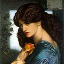 detail from painting shows young woman, dark hair, with pomegranate
