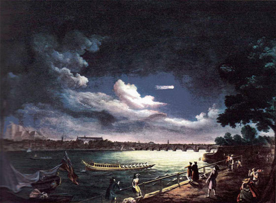 Georgian-era view of London, Westminster and Thames, with comet in sky