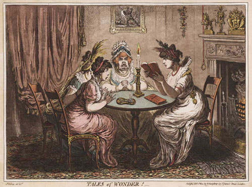 cartoon of group of avid readers, ladies gathered around a table in discussion