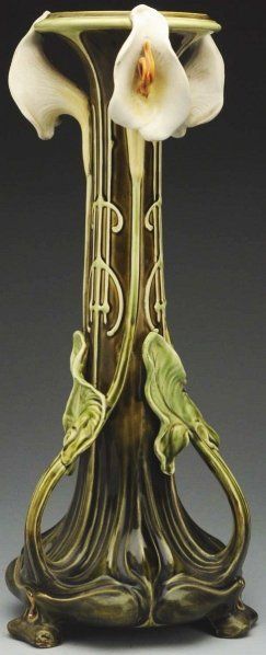 vase with white lily motif, green glass material, long