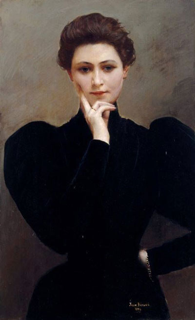 portrait of woman, face on, in thoughtful pose, dark clothing