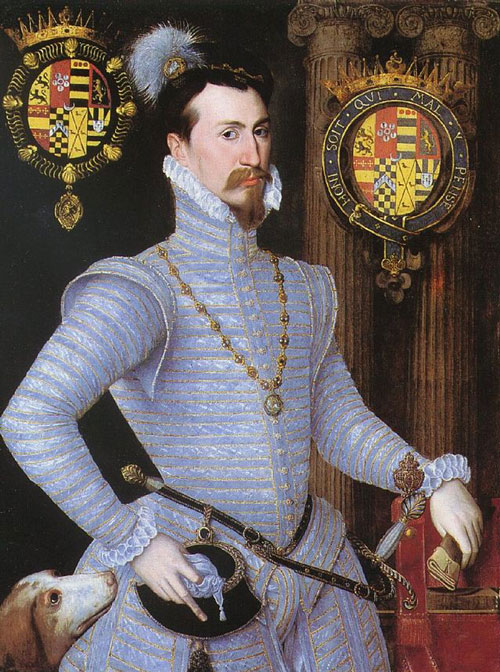 full-length portrait of Elizabethan nobleman in silver doublet, the Earl of Leicester