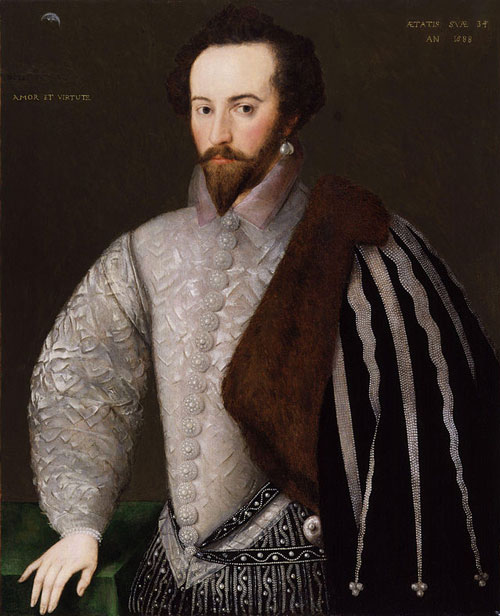 portrait, full-length, of Elizabethan nobleman with half cloak on shoulder, Sir Walter Raleigh