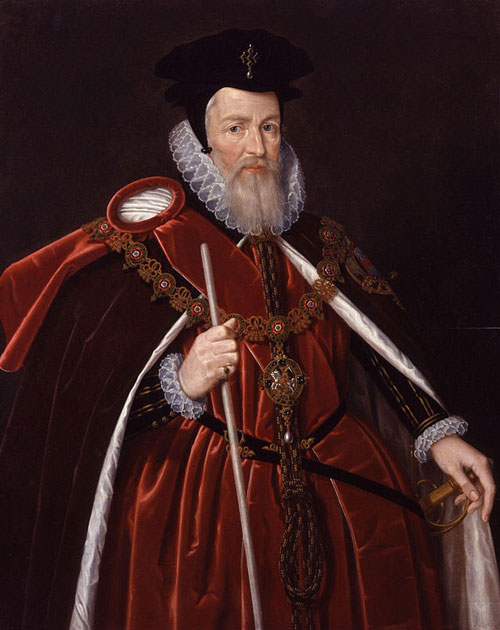 full-length formal portrait of elderly Elizabethan nobleman with staff of office, Sir William Cecil