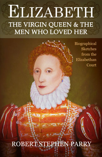 book cover image shows Tudor queen Elizabeth I in scarlet and orange tunic with rugg