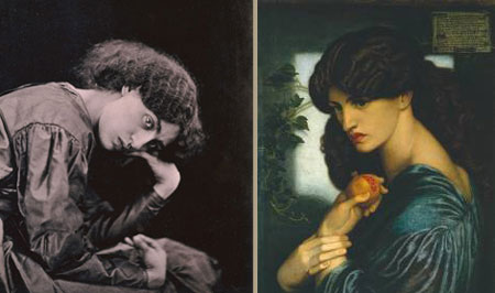 double image showing photo of model Jane Morris, and interpretation as mythological nymphess alongside
