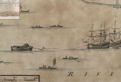 detail of map shows boat towing ship - drawing