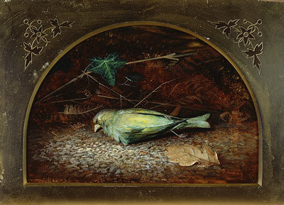 painting of a dead bird in ornate frame, a linnet