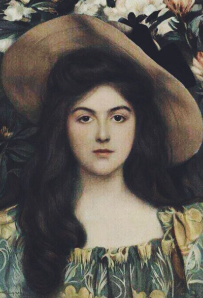 Edwardian era portrait young woman, face on in wide hat, dark hair
