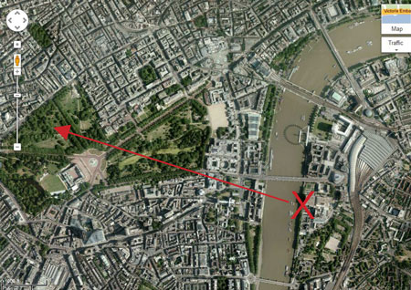 ariel view of Green Park and environs, with Thames - Google Earth