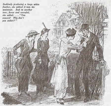 illustration showing women handing out white feather to unsuspecting gent