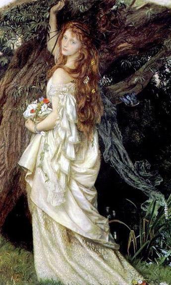 painting of young woman in long white dress, outdoors, long hair - Ophelia