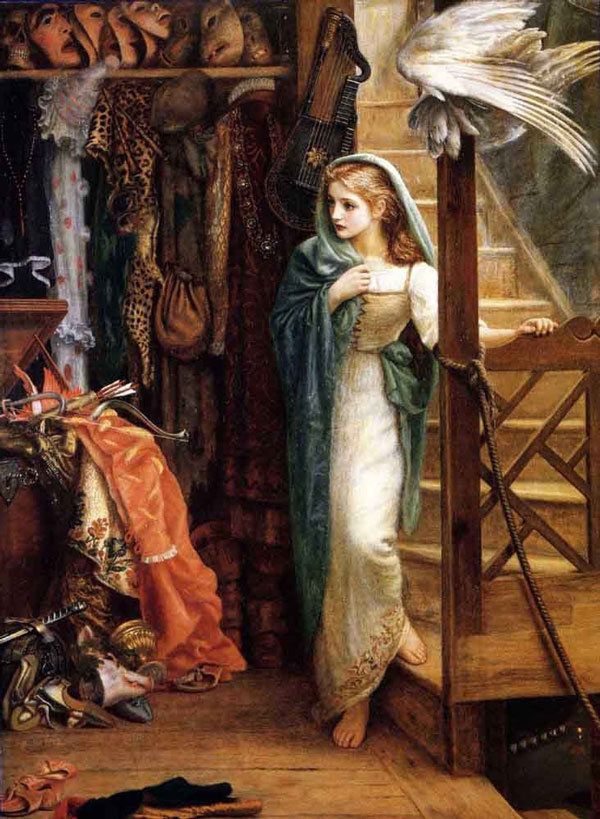 Victorian painting showing young lady in a theatre's prop room, with stairs and surrounded by bric-a-brac