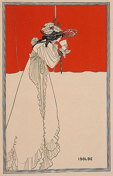 elaborate line drawing of woman in long robes, scarlet bacground at top