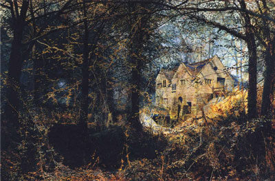 painting of old mill house in winter landscape, trees, dark