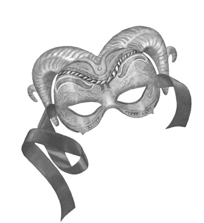 black and white drawing of a carvival mask, with ribbons