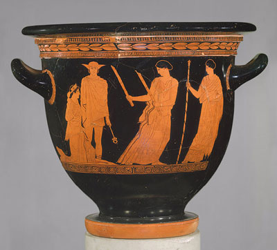 antique greek vase with figures against black background