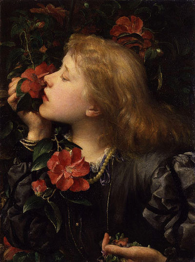 painting of young woman with flowers, sniffing, in profile