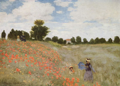 landscape painting of hill with poppies, women with parasol
