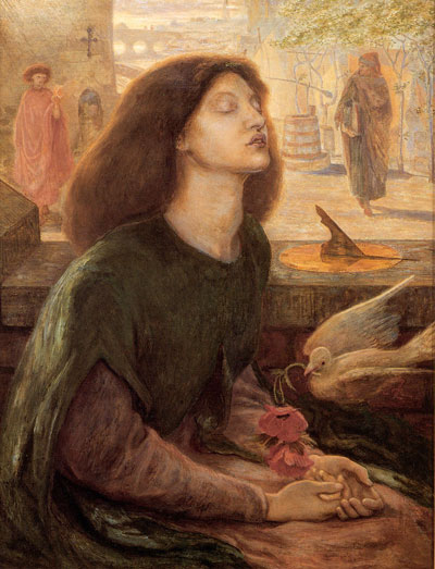 painting of seated woman, eyes closed with poppies in hand, Elizabeth Siddal