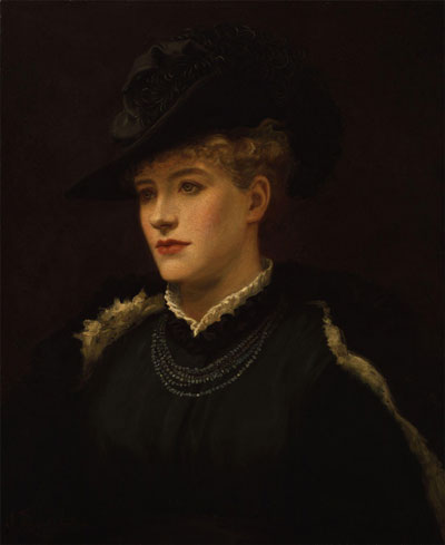 Victorian lady in dark coat and hat, half-profile, the actess Ellen Terry