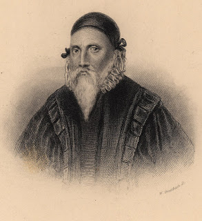 engraving of Tudor man in scholar's cap, white beard