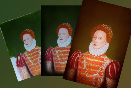 triple image of stages of portrait of Tudor Queen Elizabeth in orange and scarlet tunic dress and white ruff