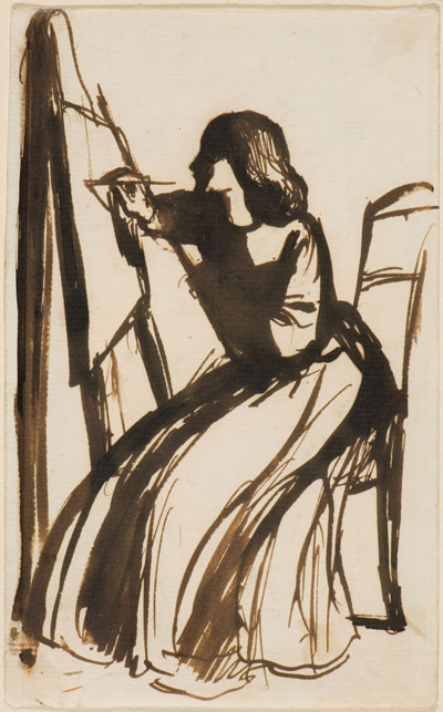 rough sketch of young woman in long dress seated painting at easel