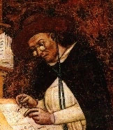 detail from painting showing medieval gentleman in spectacles, reading