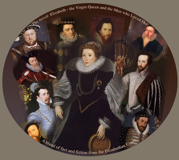 collage of various characters fromt he Elizabethan era, with queen centre