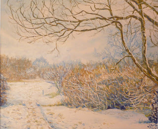 snow scene painting of forest clearing, bushes