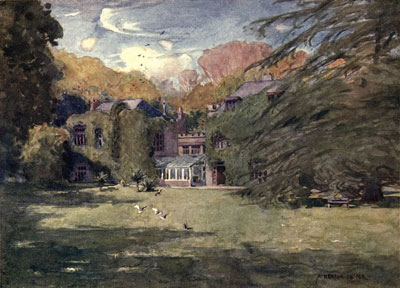 Edwardian era painting shows exterior of old house with lawn and trees, breezy