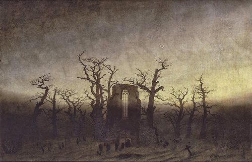 old painting of ruined abbey with oak trees