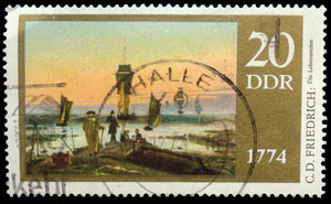 postage stamp, German, showing painting of ships and shore with figures