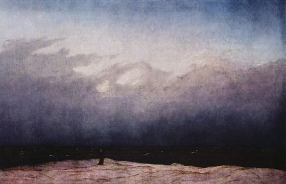 painting of remote seashore, stormy sky, solitary figure