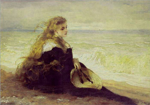 young woman by seashore, red hair, waves in background