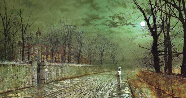moonlit street with lone figure gazing at large building