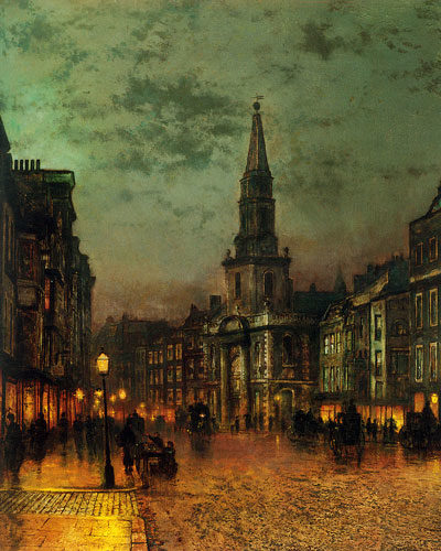 busy, gas-lit urban scene in Victorian London
