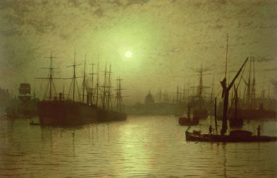 painting by John Atkinsn Grimshaw of Thames doclands in Victorian times, moonlit scene, ships