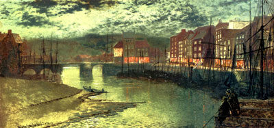 painting of 19th century harbour and docks, by moonlight