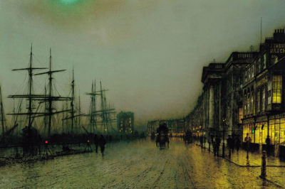 nocturnal painting of quay side, with ship masts and buildings