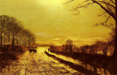 golden nocturnal landscape, road with horse and cart, painting by John Grimshaw